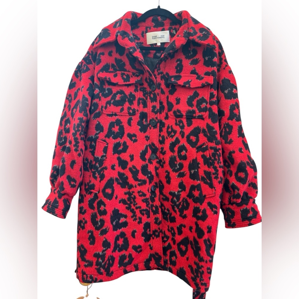 Diane von Furstenberg Red Leopard Wool Blend Belted Coat Jacket M - Picture 1 of 8